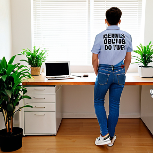 Home 4 **Prompt:** A person working at a clean, organized desk in a bright home office. The desk has a monitor, keyboard, a plant, and a water fountain. The person is dressed in business casual attire (jeans and a nice top) and wearing sneakers. A sign on the door reads "Genius at Work - Do Not Disturb."