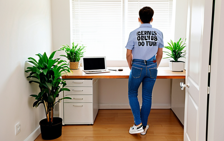 **Prompt:** A person working at a clean, organized desk in a bright home office. The desk has a monitor, keyboard, a plant, and a water fountain. The person is dressed in business casual attire (jeans and a nice top) and wearing sneakers. A sign on the door reads "Genius at Work - Do Not Disturb."