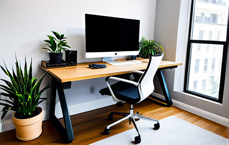 Workspace Oasis**
"A clean and organized workspace with a comfortable ergonomic chair and monitor at eye level, featuring plants and personalized artwork, fully clothed, appropriate attire, safe for work, perfect anatomy, natural proportions, high quality, professional setting, well-lit."
**