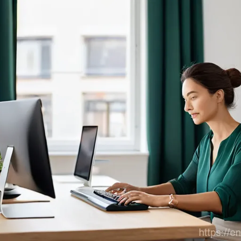 재택근무 중 생산성 유지 팁 - **A Serene and Ergonomic Home Workspace:** A professional, adult woman in her late 20s to early 30s ...