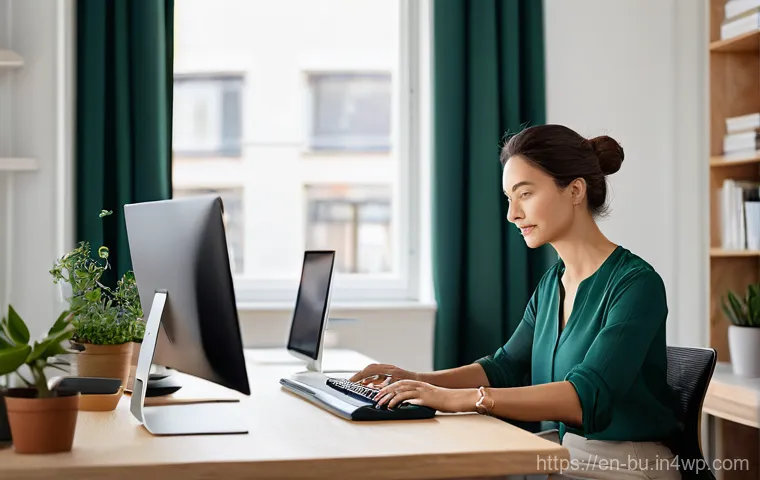 재택근무 중 생산성 유지 팁 - **A Serene and Ergonomic Home Workspace:** A professional, adult woman in her late 20s to early 30s ...