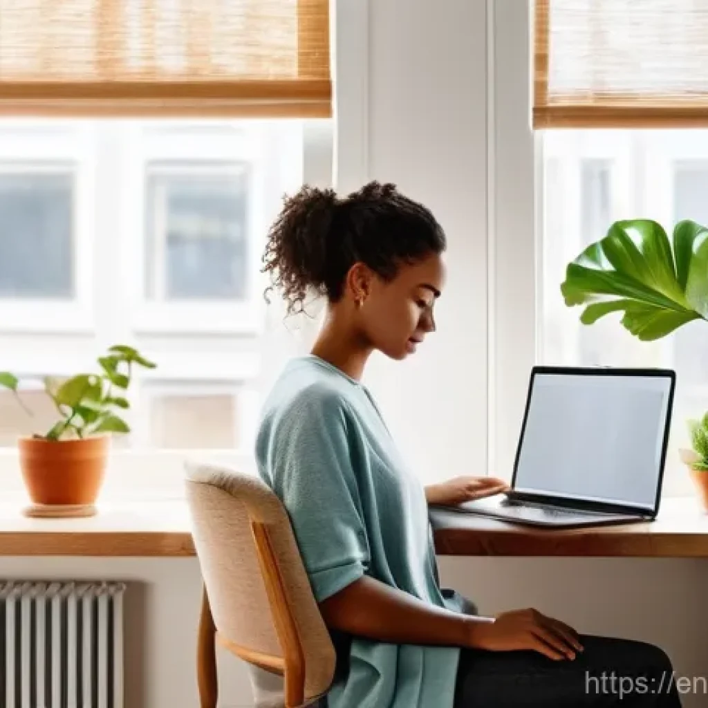 원격근무 시 감정 관리의 중요성 - **Reclaiming Personal Space and Boundaries:**
A serene, sunlit home office scene. A young adult ...