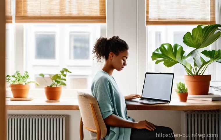 원격근무 시 감정 관리의 중요성 - **Reclaiming Personal Space and Boundaries:**
A serene, sunlit home office scene. A young adult ...