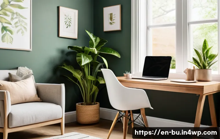 원격근무에서의 동기 부여 실제 사례 - A cozy, sunlit home office corner with a modern ergonomic chair and a minimalist wooden desk, decora...