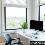 Home 22 원격근무 생산성을 높이기 위한 솔루션 탐색 - A modern home office setup featuring an ergonomic chair with adjustable lumbar support, a clean whit...
