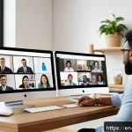 Home 20 효율적인 원격근무를 위한 피드백 문화 조성하기 - A modern remote work team engaged in a virtual feedback session via video call, diverse group of pro...