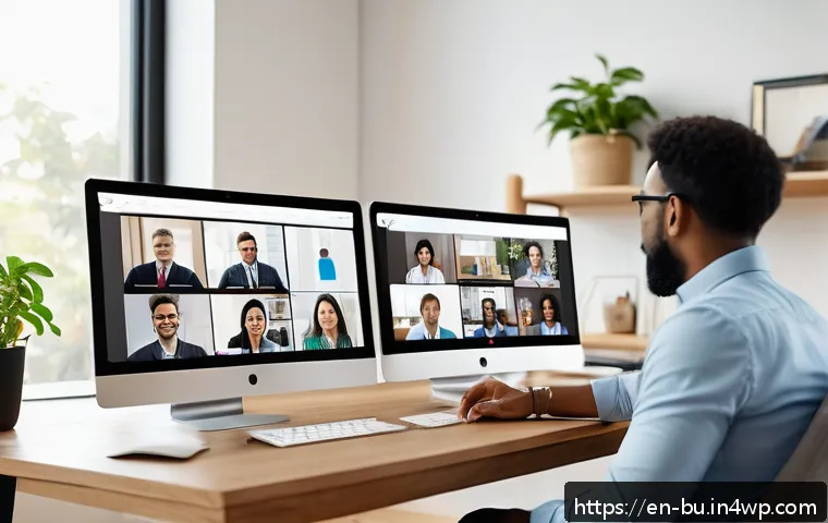 효율적인 원격근무를 위한 피드백 문화 조성하기 - A modern remote work team engaged in a virtual feedback session via video call, diverse group of pro...