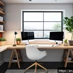 Home 18 원격근무 시 우선순위 관리의 중요성 - A modern home office setup featuring a dedicated workspace separated from the living area, with a sl...