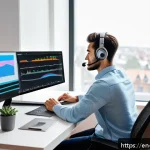 Home 23 재택근무의 생산성 분석 성공 사례 - A modern home office setup featuring a young professional working remotely at a clean, ergonomic des...