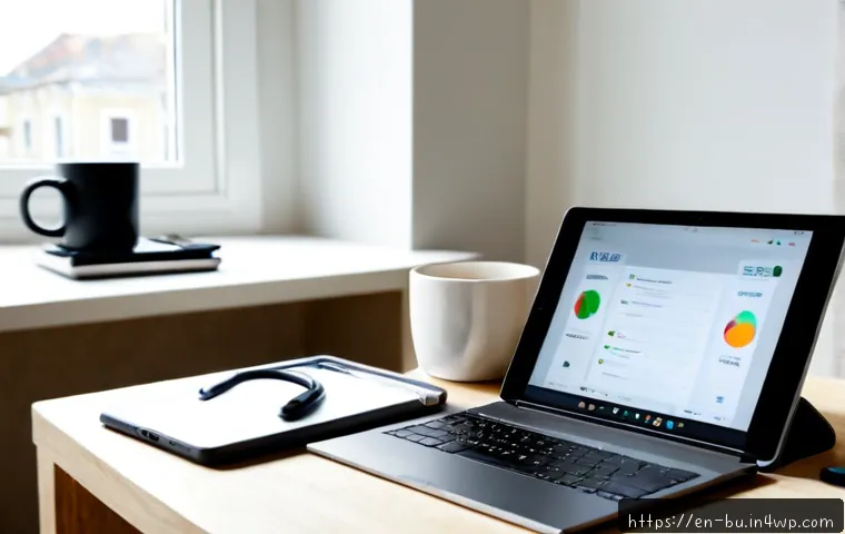 Home 17 원격근무 생산성 향상을 위한 필수 앱 - Photorealistic remote work productivity scene, focused professional in a bright home office using a ...